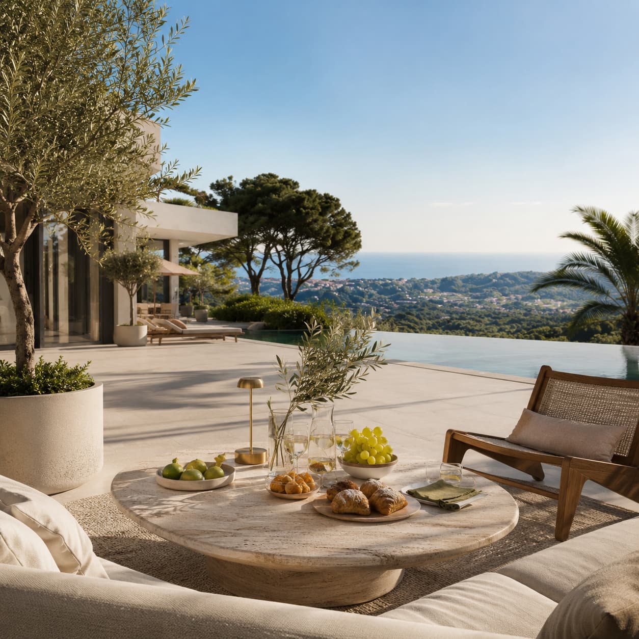 Costa del Sol terrace with warm Mediterranean materials and sea views
